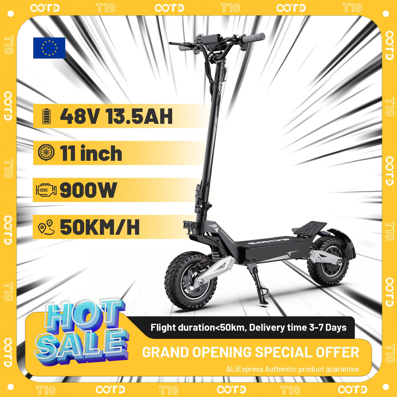 Trottinette électrique OOTD T10 900W de puissance maximale, batterie 48V 13.5/18Ah, affichage LED, pour adultes