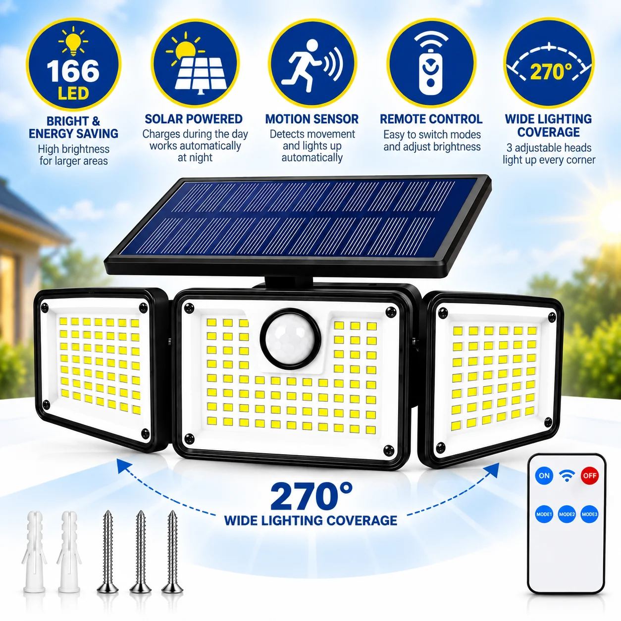 1PCS 166 LED Solar Motion Sensor Light Outdoor with Remote, 3-Head 270° Wide Angle Security Wall Light, 3 Modes, IP65 Waterproof Solar Flood Light for Garage, Yard, Patio, Porch & Garden