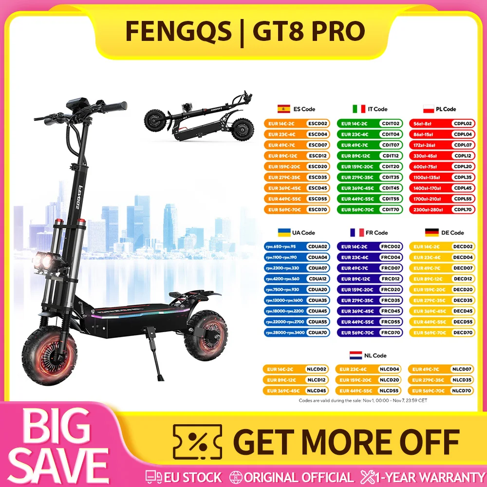 Trottinette électrique FENGQS GT8 PRO, batterie 67,2 V 38 Ah, moteur 2800 W*2, vitesse maximale 80 km/h, autonomie 90 km, pneus de 11 pouces, freins à disque hydrauliques, système de suspension double, écran LCD, charge maximale 150 kg