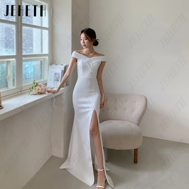 JEHETH Boat Neck Mermaid Korea Bridal Gowns Satin Backless Wedding Dresses Vintage Sleeveless Pleat 웨딩드레스 Photography Side Split