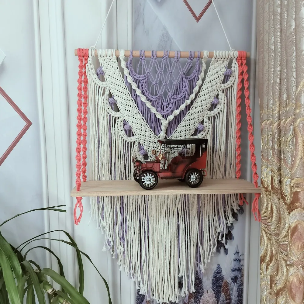 

Seashell Patterns Macrame Shelf Boho Wall Hanging Display Stand Rustic Handcrafted Large Size Plant Hanger With Wooden Plank