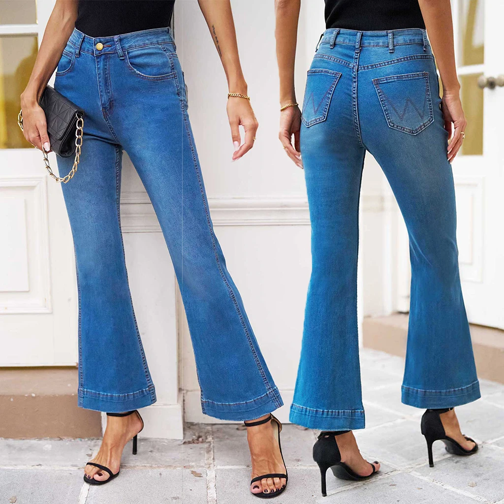 Dżinsy flare damskie, dżinsy bootcut z rozszerzanymi nogawkami, dżinsy z wysokim stanem, elastyczne, wyszczuplające dżinsy z rozszerzanymi nogawkami.