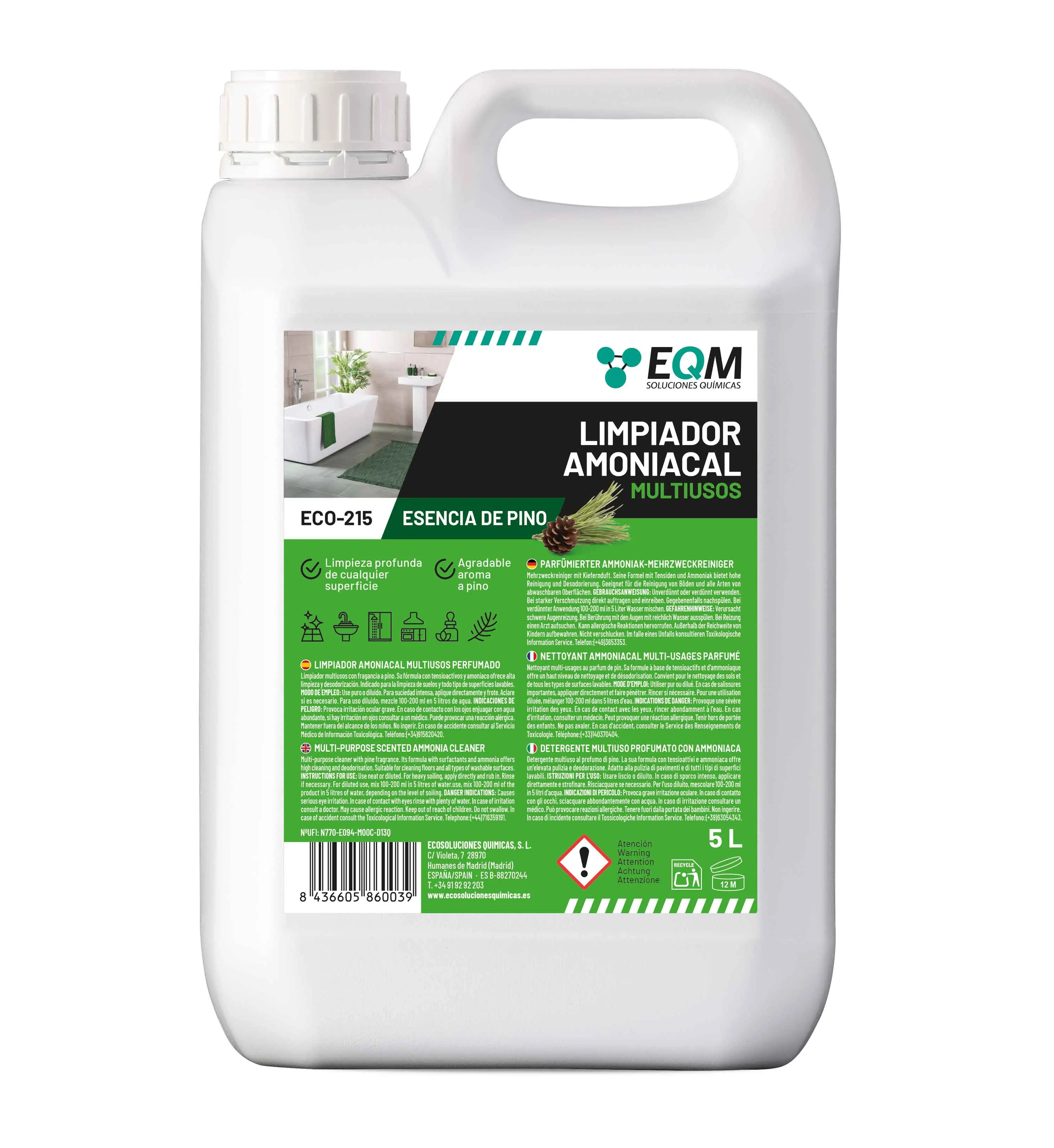EQM - ECO-215 - Limpiador Amoniacal Multiusos Perfumado - 5L - Limpieza de suelos y superficies - Amoniaco perfumado eficaz