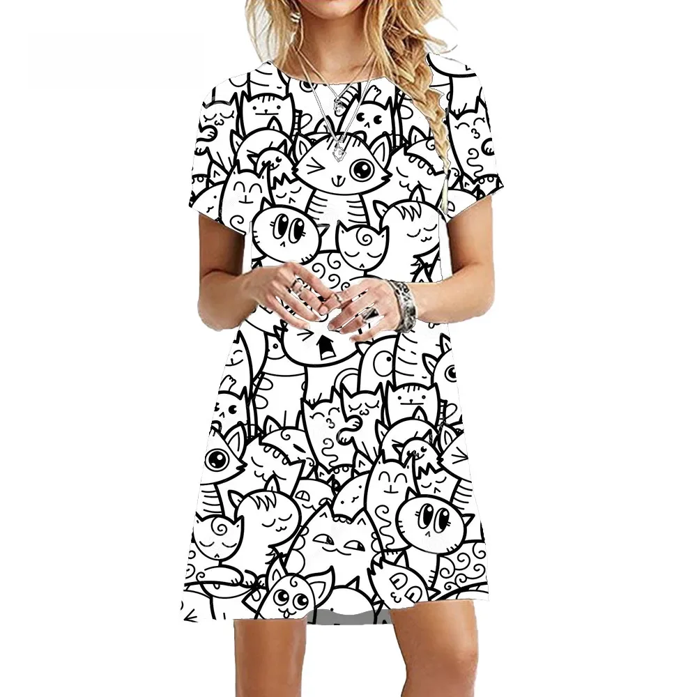 2023 Nieuwe Fashion Grappige Leuke Schilderen Katten Jurk Vrouwen Kawaii Korte Mouw Casual Jurk Oversized Zomer Dames Losse Kleding - afbeelding 2