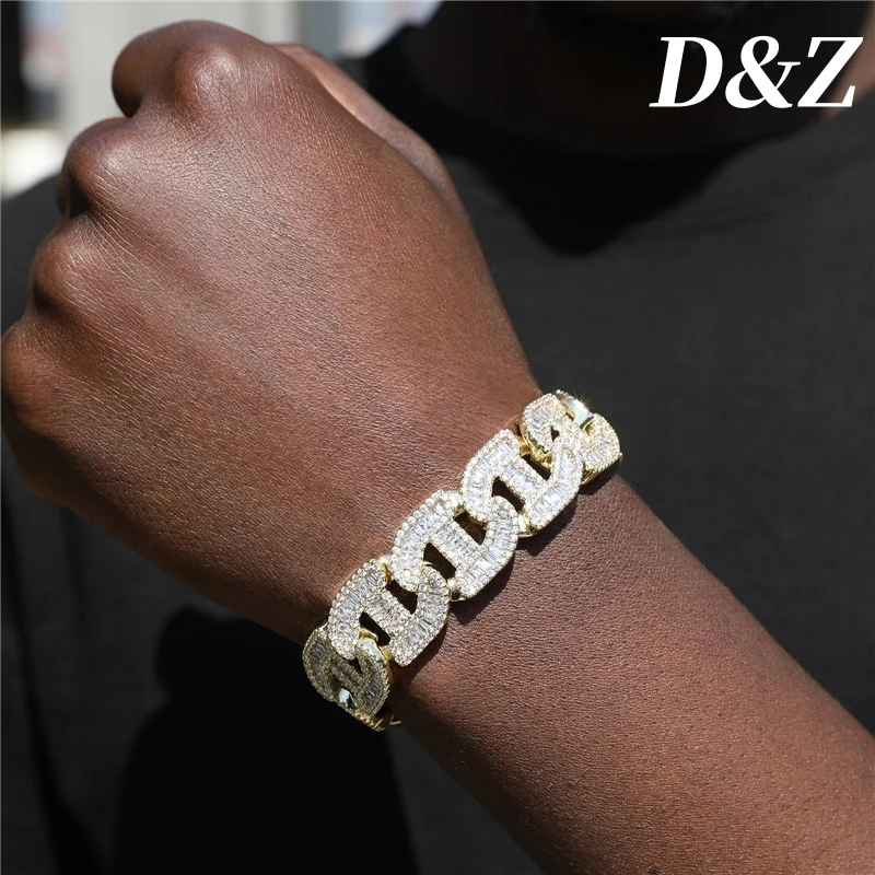 D&Z Hip Pop Luxury Iced Out CZ AAA Cubic Zirconia Cuban Chain Bracelet For Men Gold Silver Plated Baguette Miami Charm Jewelry