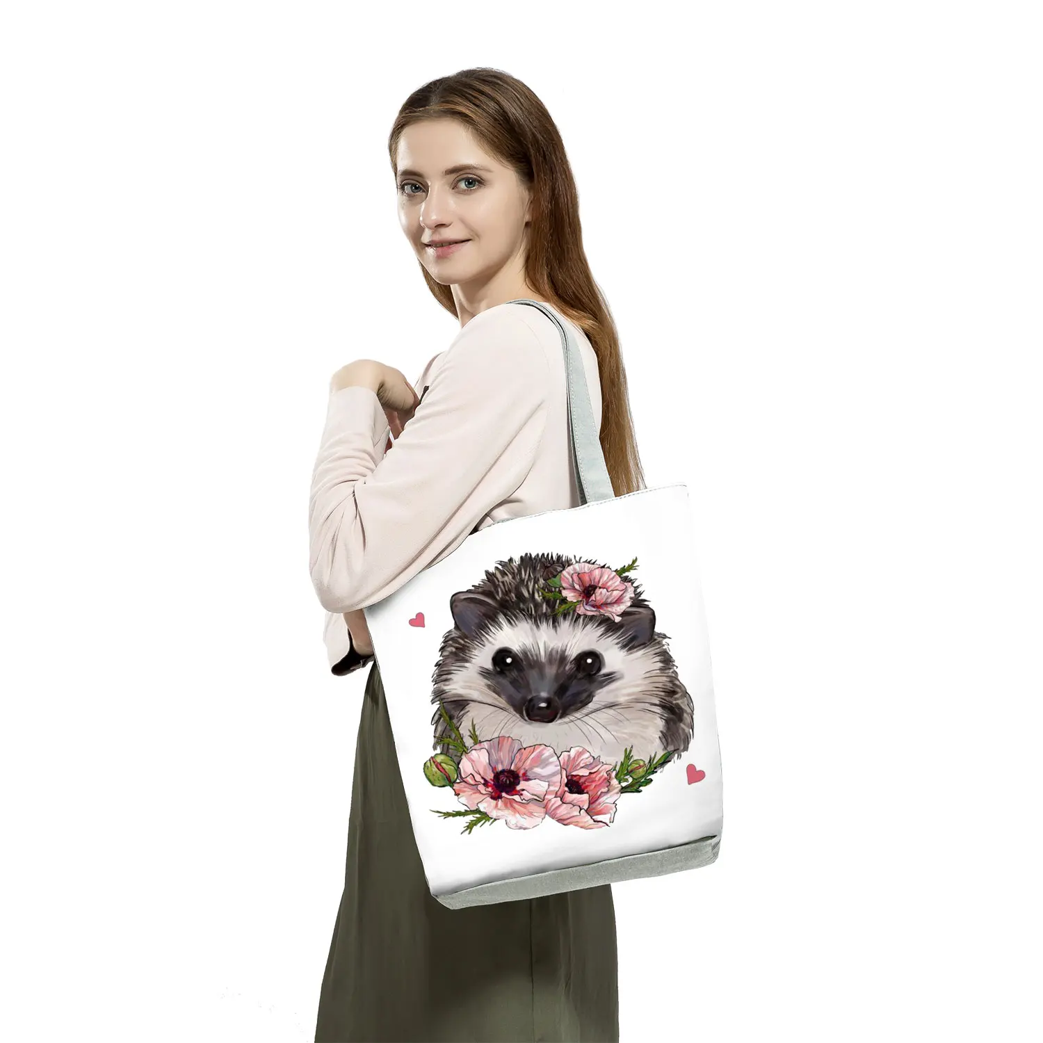 Custom Cartoon Kawaii Hedgehog Flower Printed Handbags Harajuku White Casual Women Tote Fashion Foldable Portable Shoulder Bags