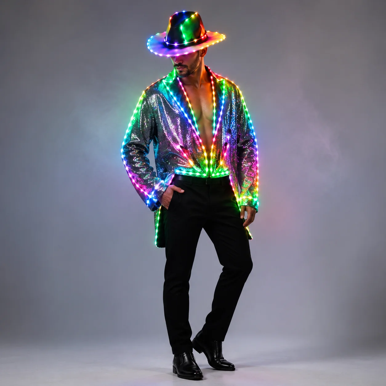 Dynamisches fließendes Neon-LED-Leuchtkleid, silberner Spiegelanzug für Hochzeit, Musik, Festival, Party, Performance-Kostüme