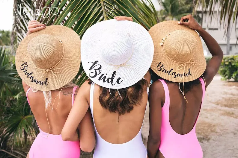 Custom Sun Hats with Shells Bridal Beach Hat-Shells Striped Floppy with Bow Personalized with Names Straw Honeymoon Bachelorette