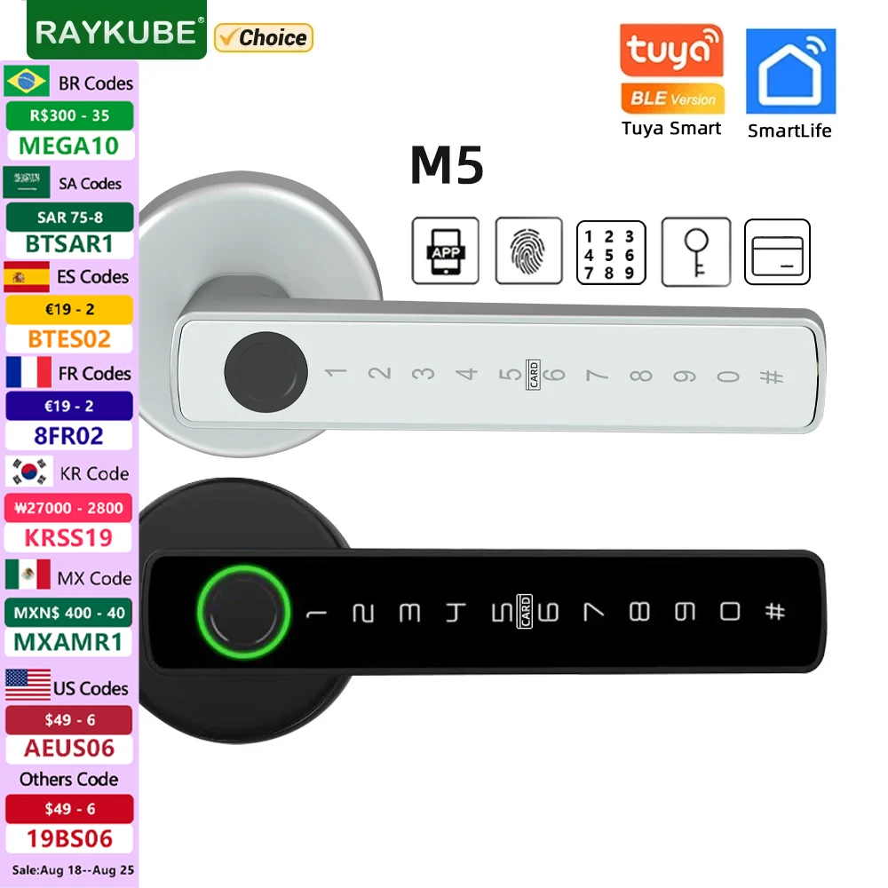 

RAYKUBE M5 Tuya BLE Smart Fingerprint Door Lock Electronic Lock with Password/Key/Card/Smartlife/Tuya APP Unlock For Bedroom