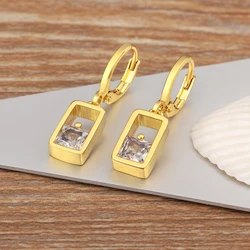 Nidin High Quality Hollow Design Rectangle Shape Shiny Zircon Charm Drop Earrings For Women Girl Wedding Party Ear Jewelry Gifts