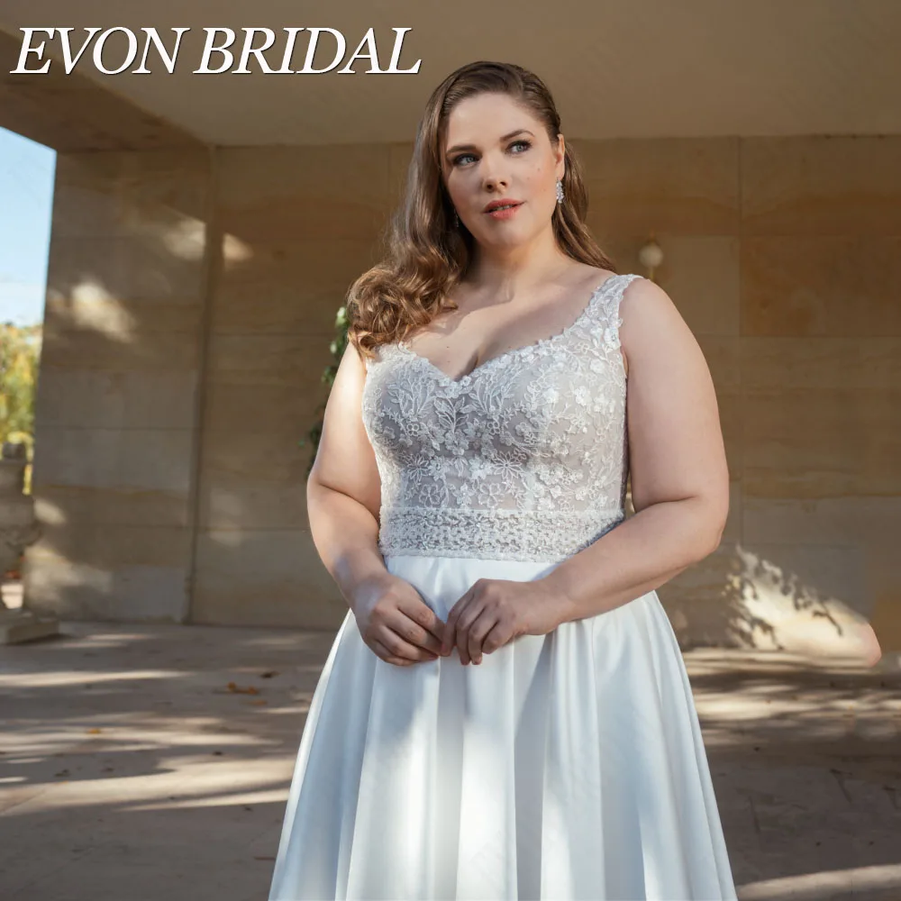 EVON BRIDAL Vintage Spaghetti Träger Brautkleid Plus Größe V-AusschnitEvon Braut Vintage Spaghetti träger Brautkleid plus Größe V-Ausschnitt Satin A-Linie Vestidos Novias Boda Brautkleid Applikation benutzer definierte