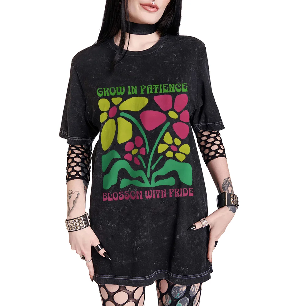 

Flowers Bright Alphabet Patterns Female Tshirt Cotton Streetwear Oversized Graphic Inspired Casual Short Sleeve Summer Daily Top