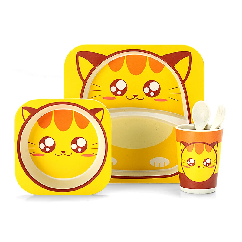 Baby Natural Bamboo Fiber Tableware Bowl Baby Feeding Plate Children Cute Cartoon Bowl Set