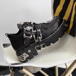 Moda męska oryginalne skórzane buty motocyklowe platforma gotycka czaszka Punk buty nowe damskie botki metaliczne botki zachodnie48