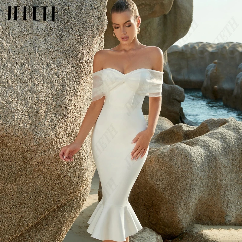 JEHETH Off Shoulder Mermaid Wedding Dresses Women Strapless Pleat Satin Bridal Gowns Vintage Tea-Length Robes De Mariée Backless