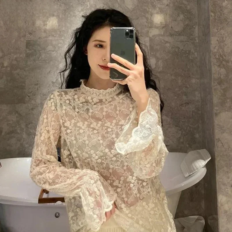 Bluzki Damskie Koronkowe Wzornictwo Koreański Styl Prosty Słodki Solidny Uniwersalny Wypoczynek Podstawowy Elegancki Moda Damska Wygodny Retro Nowy — zdjęcie 2