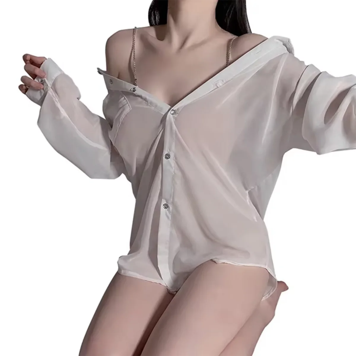 

40-90kg Large Size Women Sexy Lingerie Transparent Chiffon Lady Sexy Shirt Alloy Chain OL Uniform Temptation Erotic Lingerie