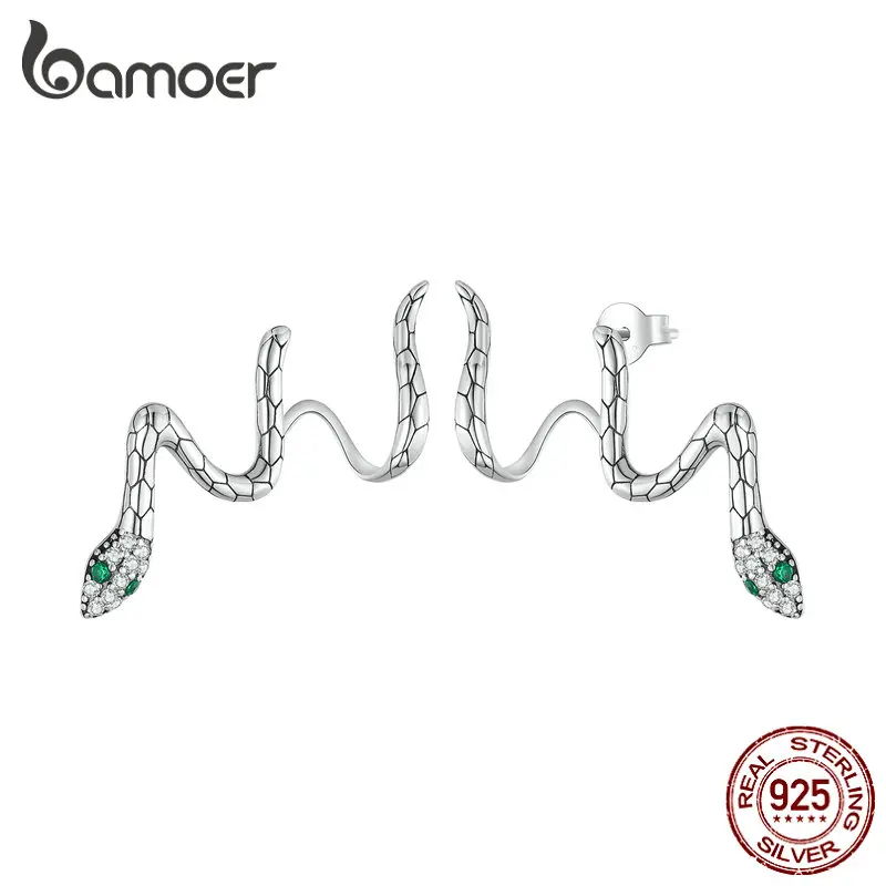 Bamoer New 925 Sterling Silver Snake Stud Earrings for  Women Delicate Zircon Animal Ear Stud Beautiful Party Fine Jewelry Gifts