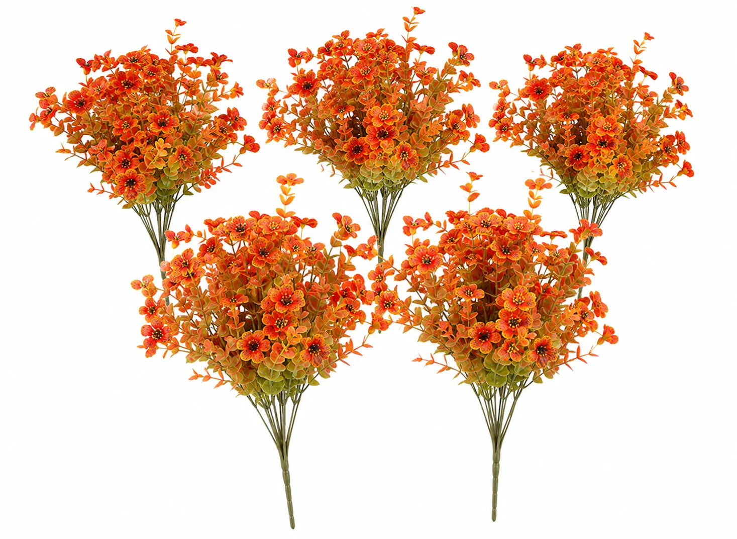 Kunstbloemenboeket Herfst 5-delige set kunstbloemen, decoratieve bloemen, oranje eucalyptus takken voor vaas, balkon en woonkamer, fyrove kunstmatige eucalyptusbladeren, Thanksgiving- en