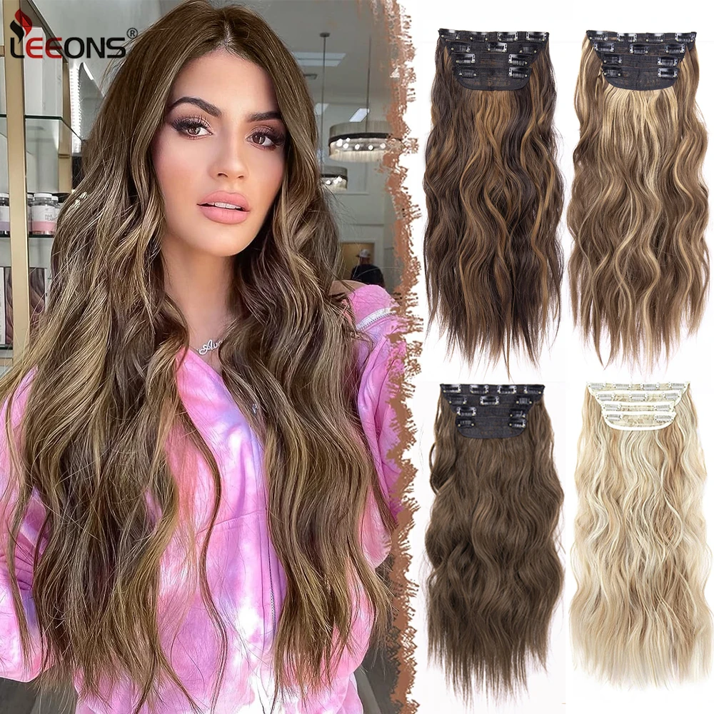 

Leeons New Thick Highlight Hair Piece Long Wavy Clip in Hair Extensions Full Head Synthetic Fiber Hairpieces for Women 20 Inches