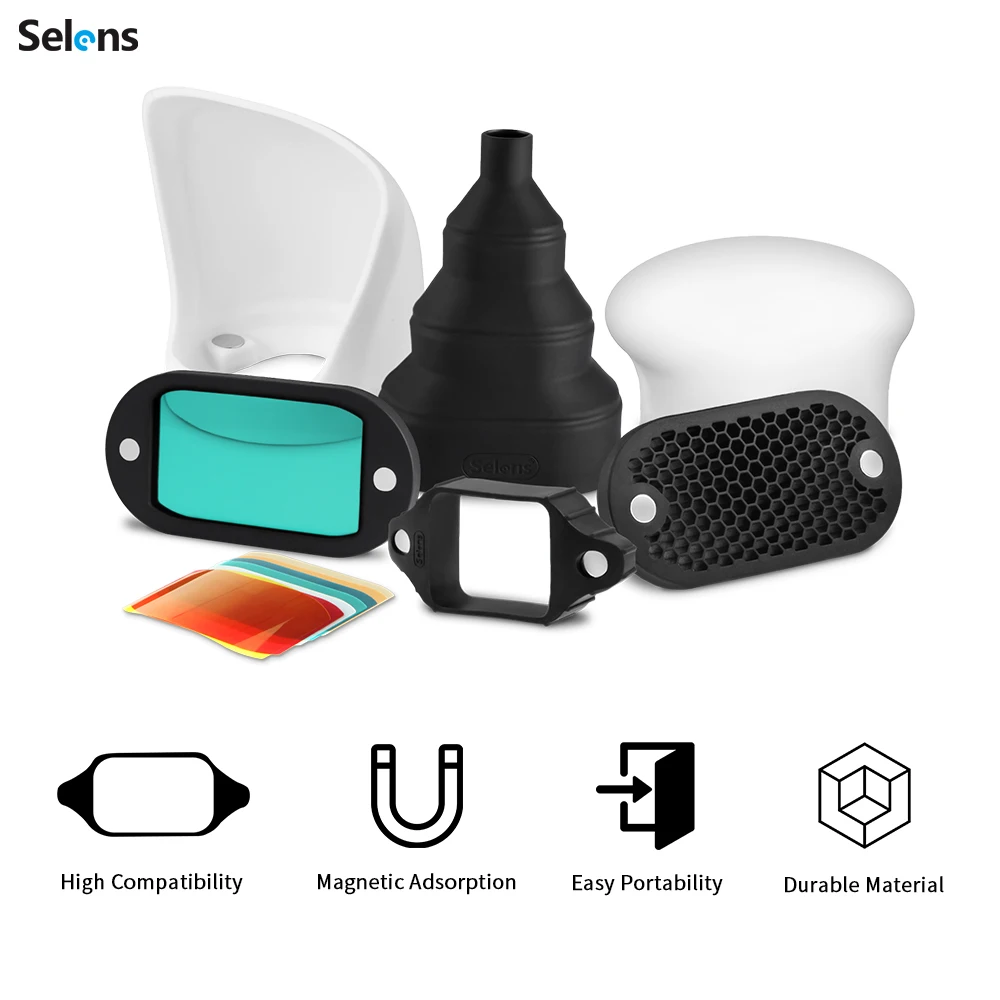 Selens Magnetic Flash Accessories Kit 7 Color Filters Honeycomb Grids Sphere Bounce Snoot Grip Lighting Modifier for Speedlite