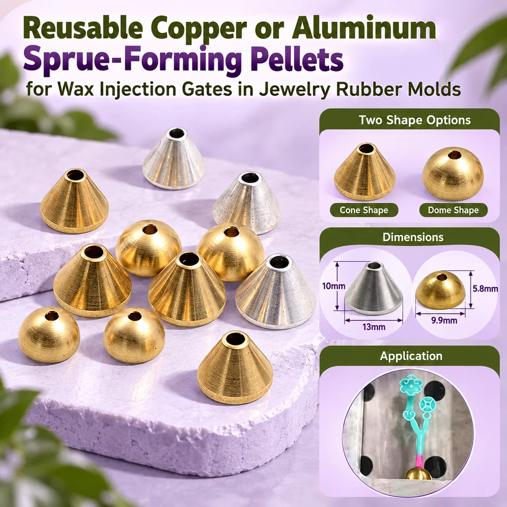 Reusable Copper or Aluminum Sprue-Forming Pellets for Wax Injection Gates in Jewelry Rubber Molds, Cone and Dome Shape Options