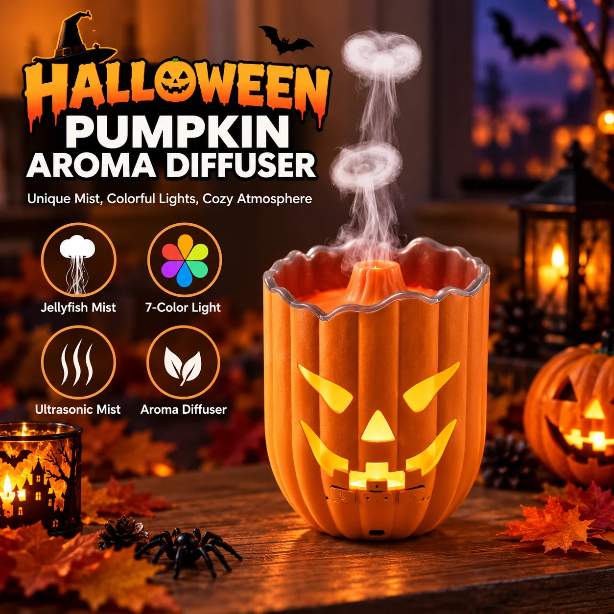 Halloween Pumpkin Aroma Diffuser, Ultrasonic Mist Humidifier with Jellyfish Smoke Ring Mode, 7-Color Ambient Light, 5V/2A USB Ty