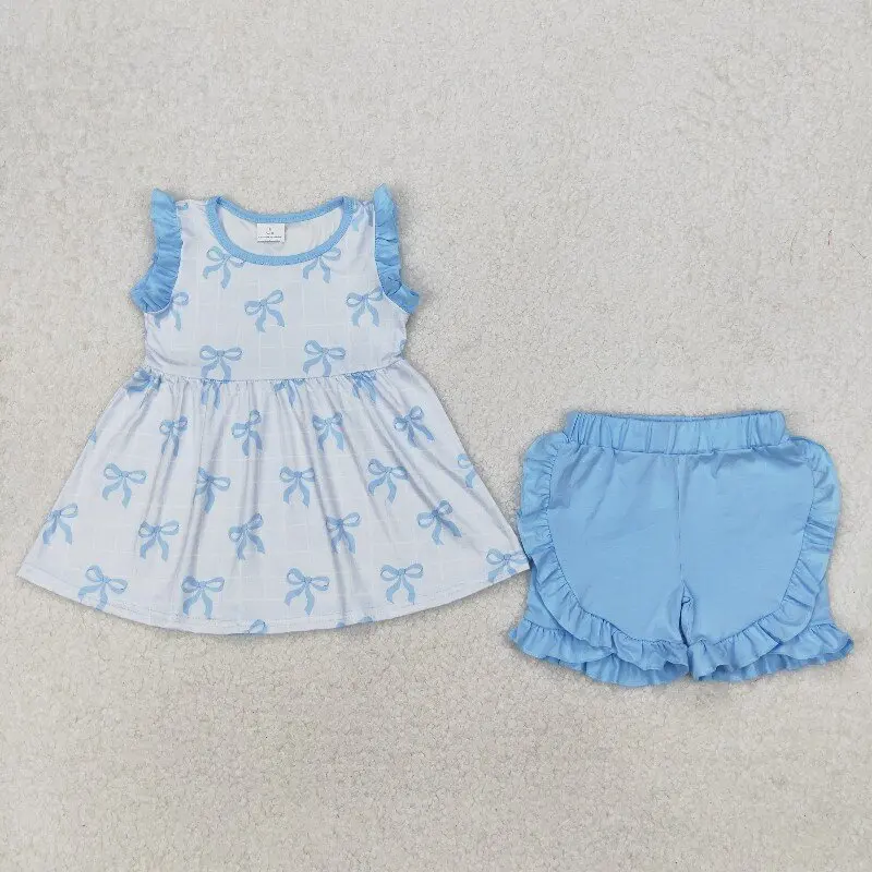 

GSSO2120 X11.27 Blue bow pattern plaid lace sleeve shorts set Summer baby girl clothing wholesale