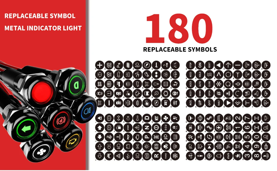 FILN 8mm Symbol-LED-Anzeigeleuchte 12V 24V Schwarze Metall-Anzeigeleuchte mit Kabel für Auto-Armaturenbrett und Maschinen – Detail 1