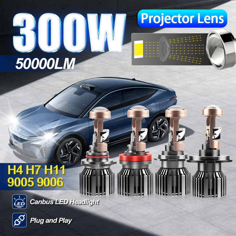 

300W H4 H7 H11 9005 9006 LED Headlight Ampoule 50000LM High Low Beam With Projector Lens 12V External Drive 6000K Turbo Headlamp