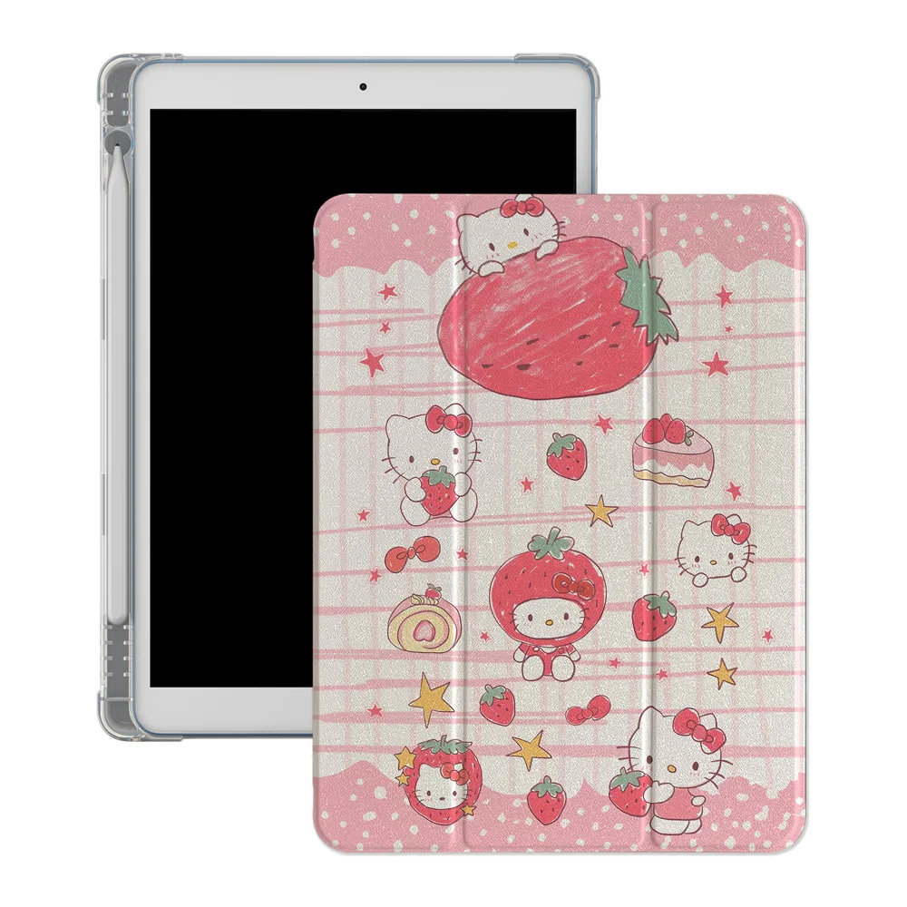

Чехол INS Korea Cute Strawberry HelloKitty для iPad A16 2024 11 дюймов, 2025 Air 5/4 10.9 дюймов, iPad 10 9.7, 10.2/10.5, Mini 6/5, с держателем для стилуса