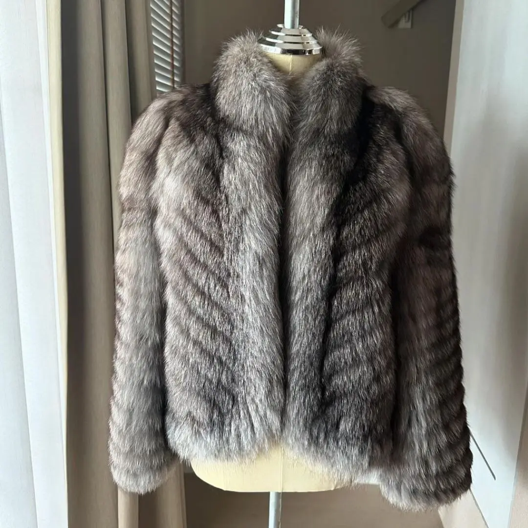 Woman Winter New Trendy Real Silver Fox Fur Jacket Stand Collar High Quality Casual Women Genuine Silver Fox Fur Coats Outwear