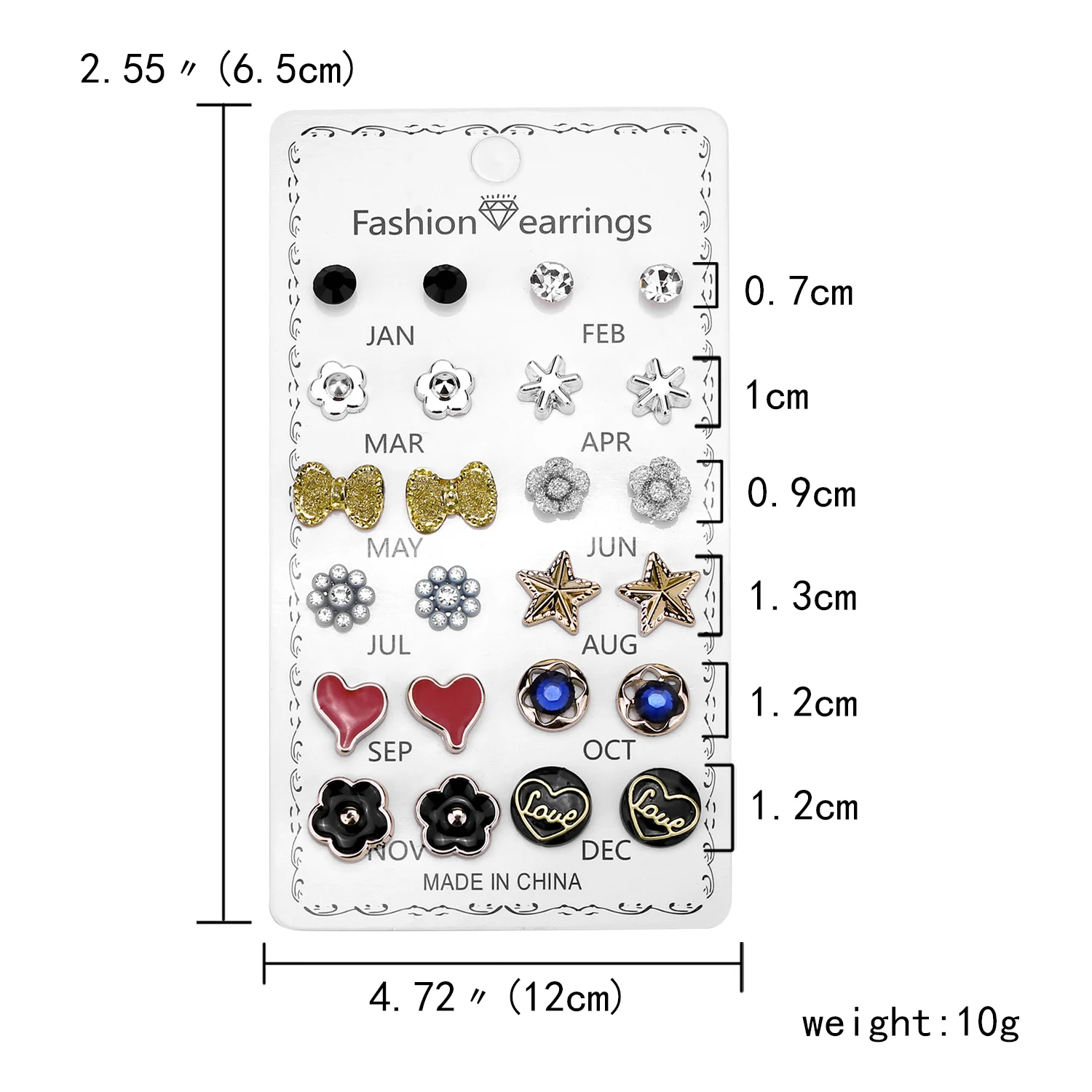 12 Pairs/Lot Acrylic Rhinestone Fashion Earrings Set For Women Flower Heart Stud Earring Girls Simple Geometric Earrings Jewelry