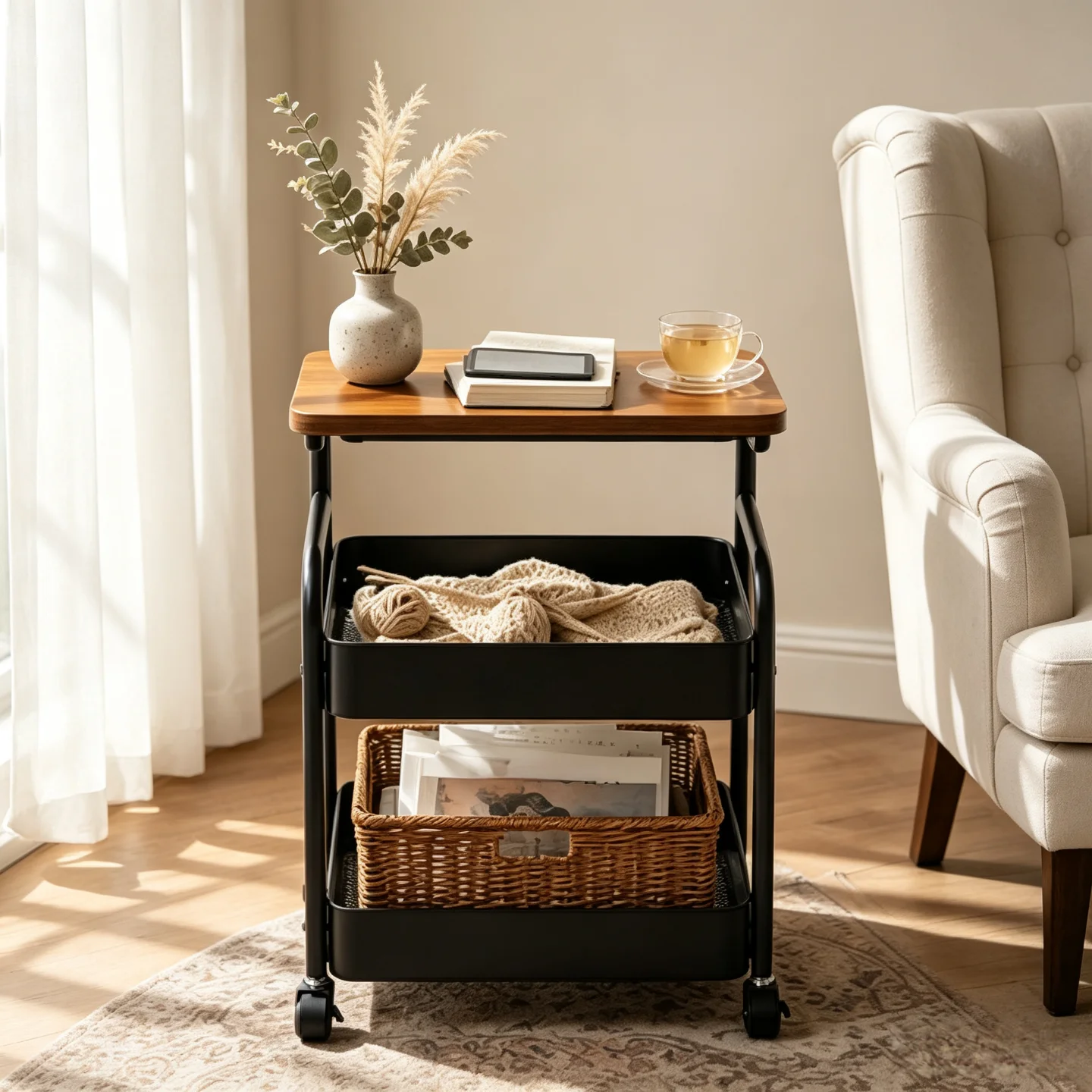 Multi-functional storage side table for the living room sofa, 2-tier/3-tier rolling multi-purpose storage cart with wooden top and lockable 360° swivel wheels, black metal wire baskets, movable wheele image 5