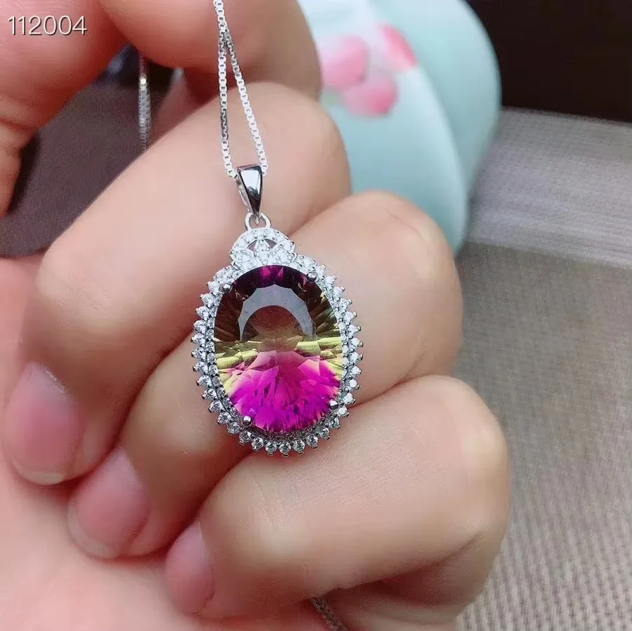 

KJJEAXCMY Fine Jewelry 12x16mm Ametrine 925 Sterling Silver Women Gemstone Pendant Necklace Chain Ring Set Noble Party Gift