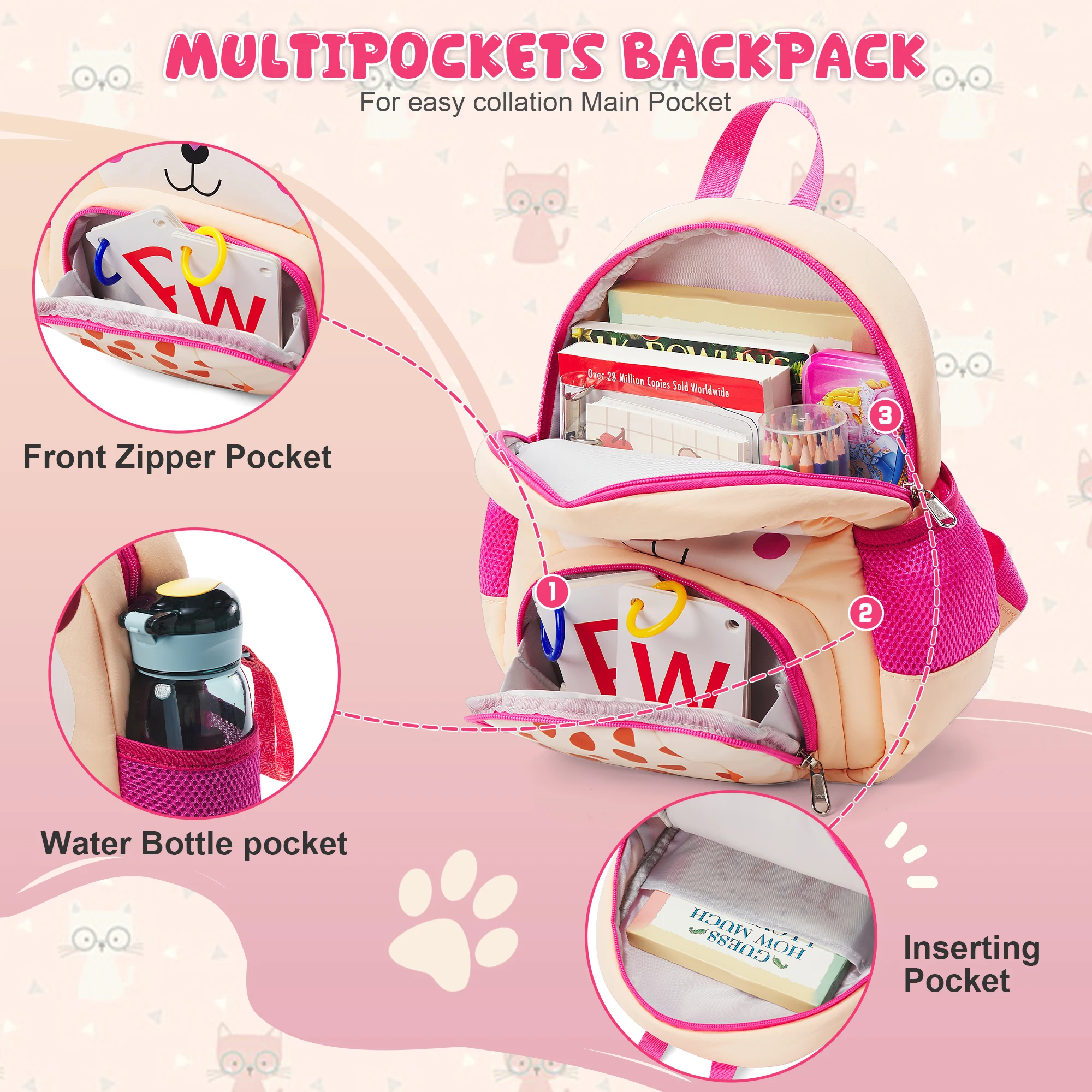 Cute Cat Pattern Backpack Children Backpack Cartoon Kindergarten Boys Girls School Bag, Preschool Kid School Bags For 2-5 Years