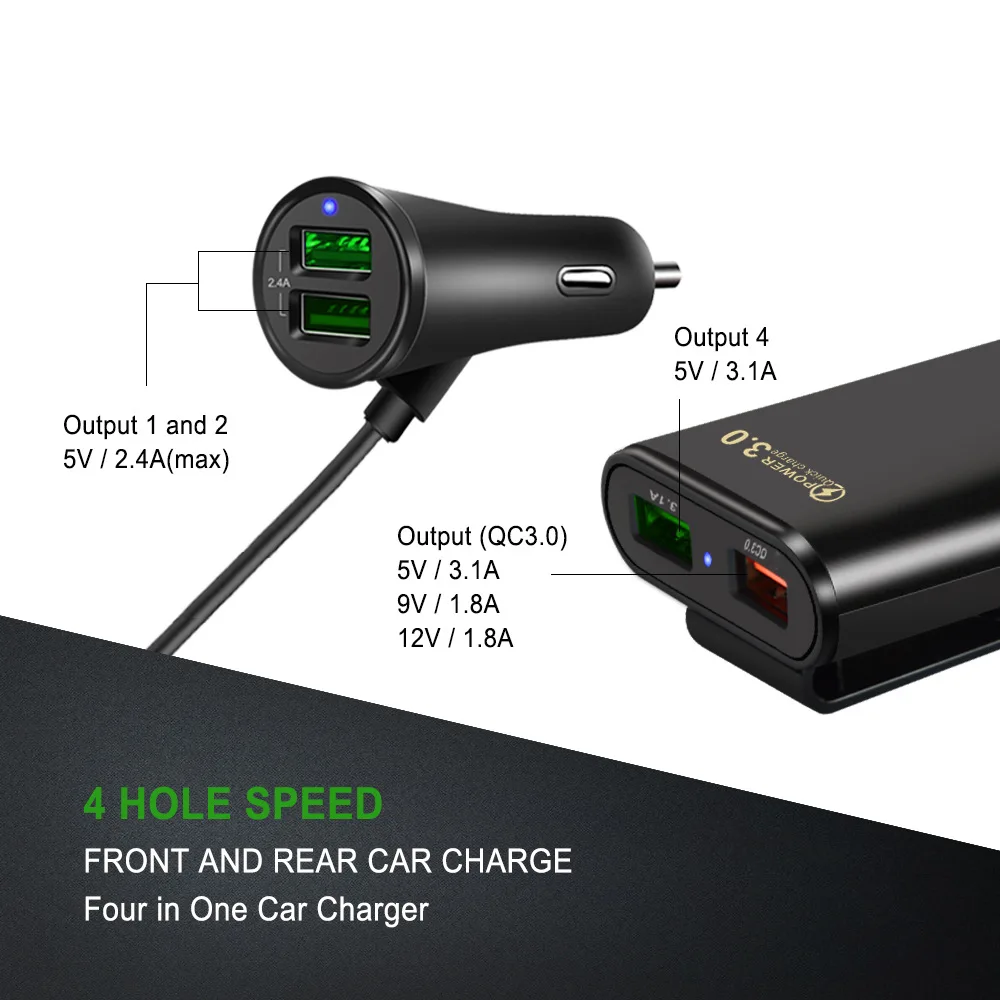 36W USB Car Charger Fast Charging One To Four Rear Seat Car Charge QC3.0 For iPhone Xiaomi 13 Samsung Huawei Car Phone Adapter