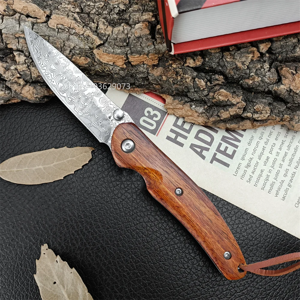 

Pocket Self Defense Folding Knife Damascus Blade Wood Handle Utility Fruit Knife Hunting Camping Outdoor Survival Gear