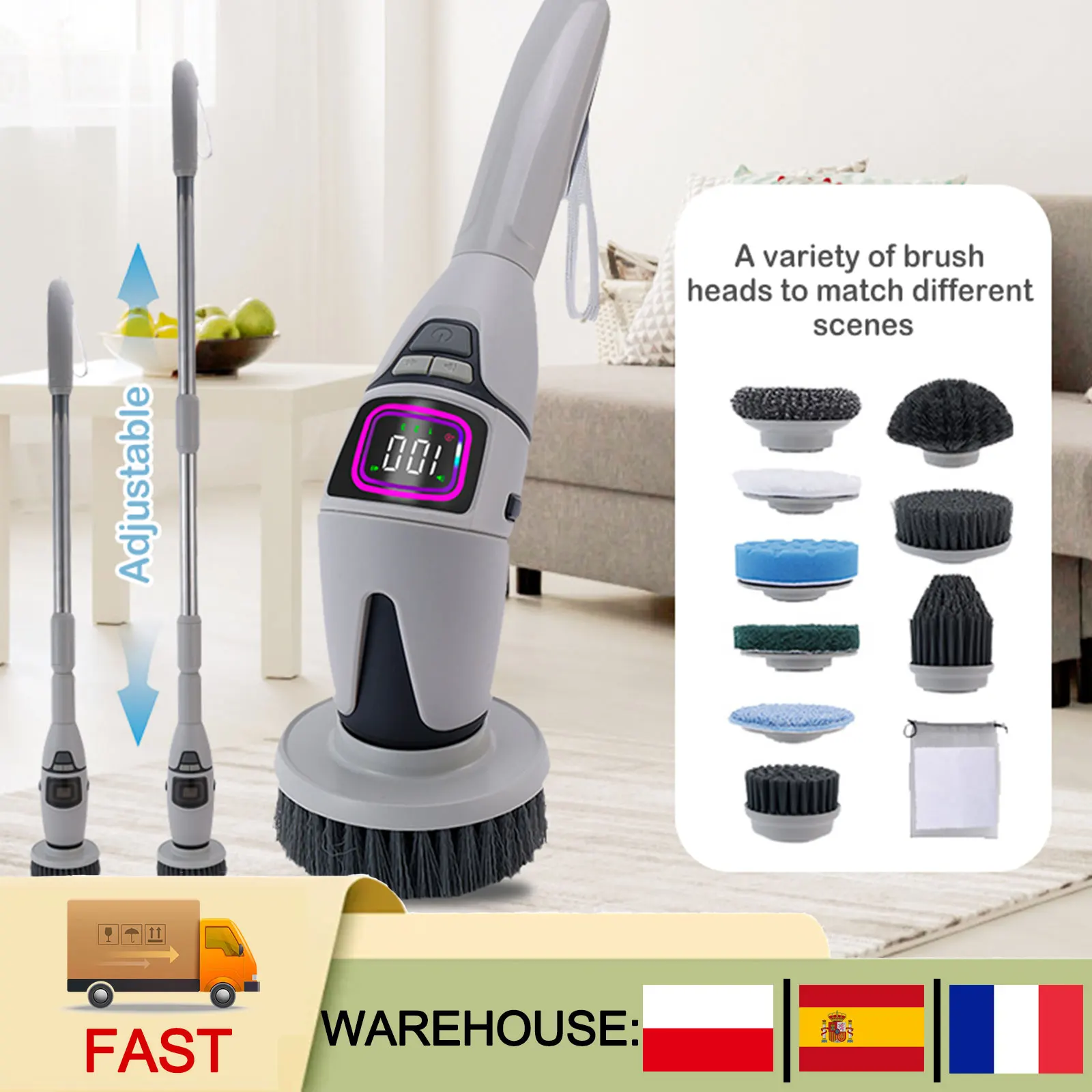 Brosse de nettoyage électrique 10 en 1 avec annonce vocale, nettoyeur multifonctionnel pour la salle de bain et le nettoyage polyvalent