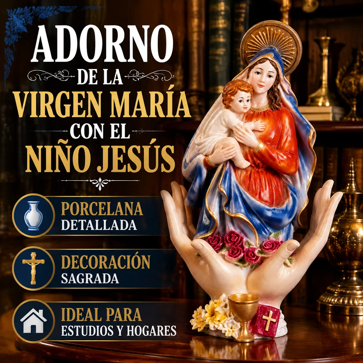Statuette de la Vierge Marie avec l'Enfant Jésus dans ses bras, sculpture en résine/porcelaine, détails peints à la main, symboles sacrés, décoration religieuse pour la maison, l'église, cadeau de baptême, communion, confirmation, inspiration espagnole
