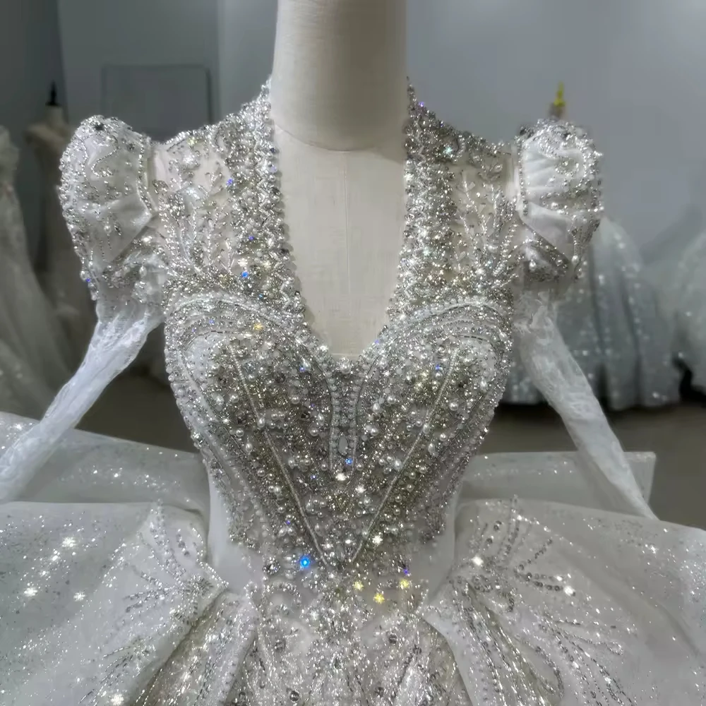 Vestido De novia Casamento Princesa Vestido De novia De manga larga con cuello en V con cordones en la espalda Vestido De baile bordado Vestido De novia con cuentas