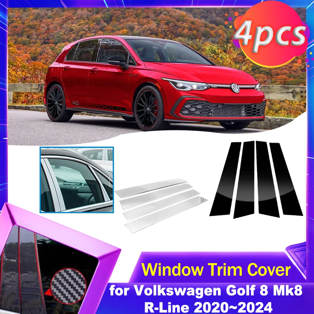 Car Door Window Trim Cover for Volkswagen VW Golf 8 Mk8 R-Line 2020~2024 Carbon Fiber Chrome Sticker Pillar Posts Accessories