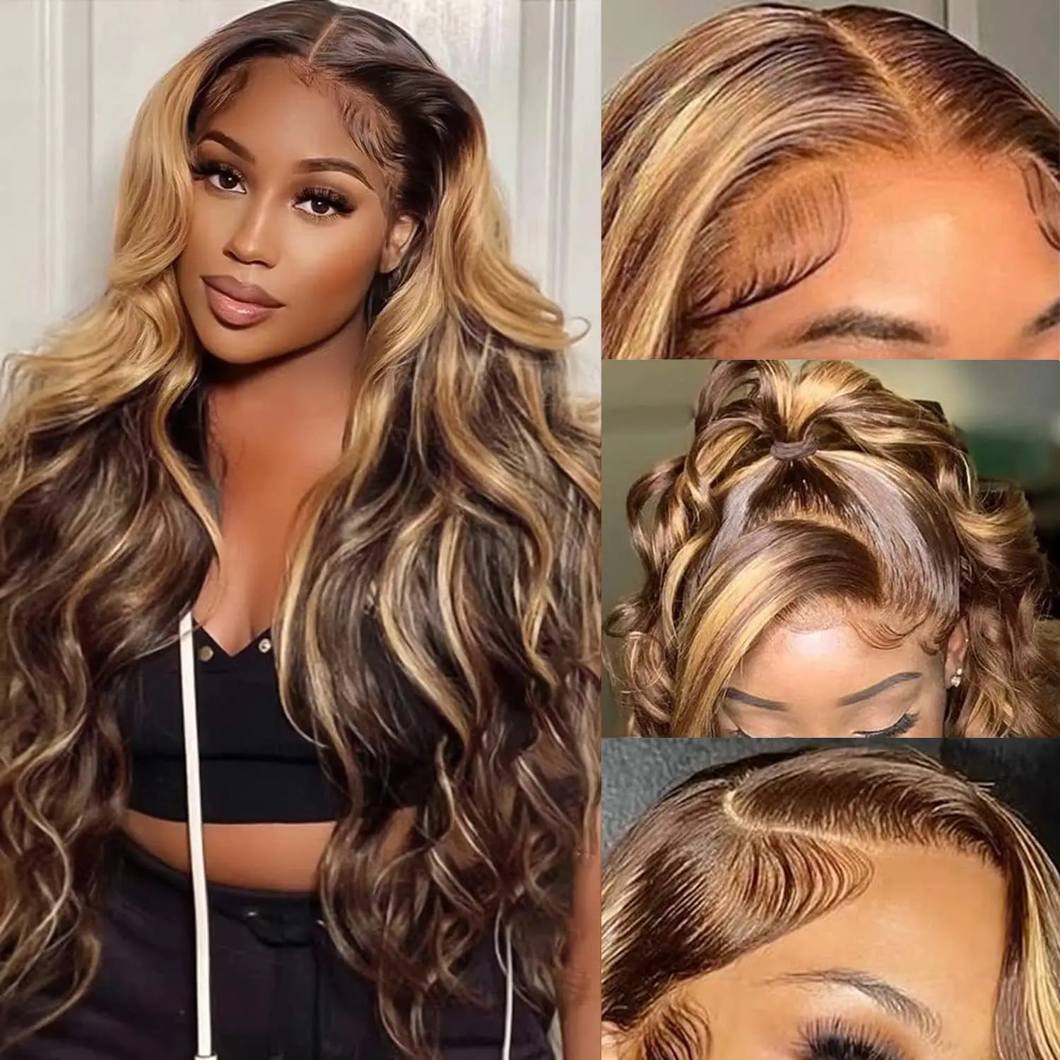 200 Density 4/27 Highlight Ombre 13x6 HD Lace Frontal Wig Body Wave Human Hair 13x4 Lace Front Wigs 28 30 32Inch Brazilian Brown