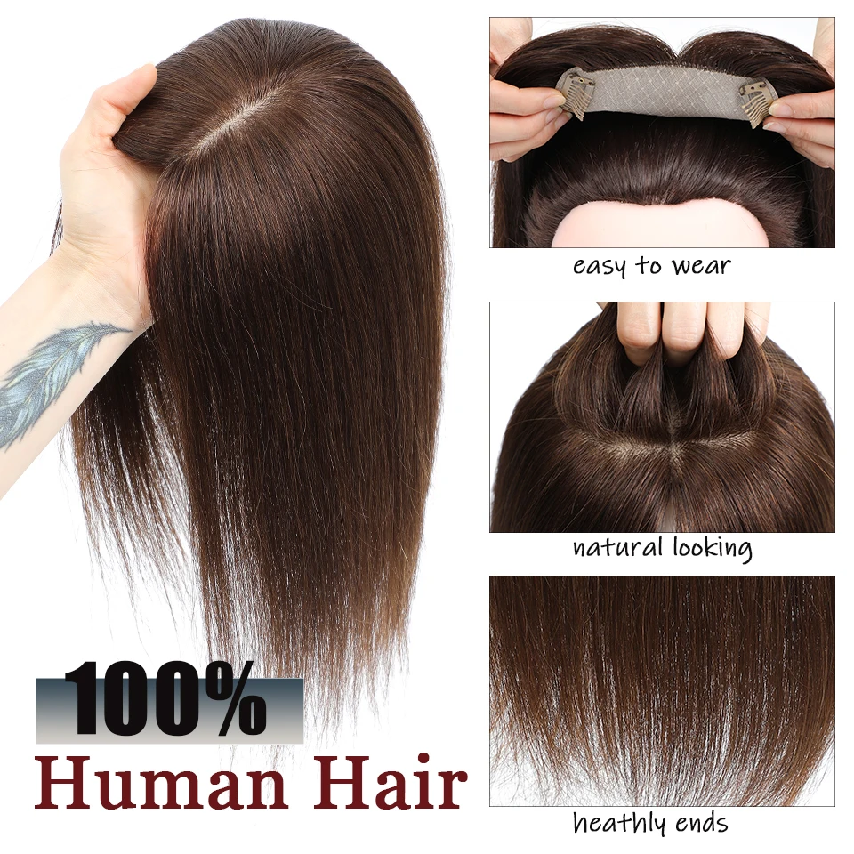 Dazzeal Real Human Hair Topper For Women Handmade Silk Base Topper Hair Extensions Brown Human Natural Hairpiece Topper For Thin