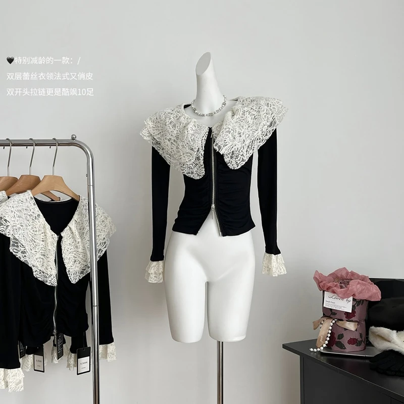 

New Patchwork White Lace Solid Color Long Sleeve Sweater Lapel Loose Tops Korean Fashion Women Elegant Knitwear