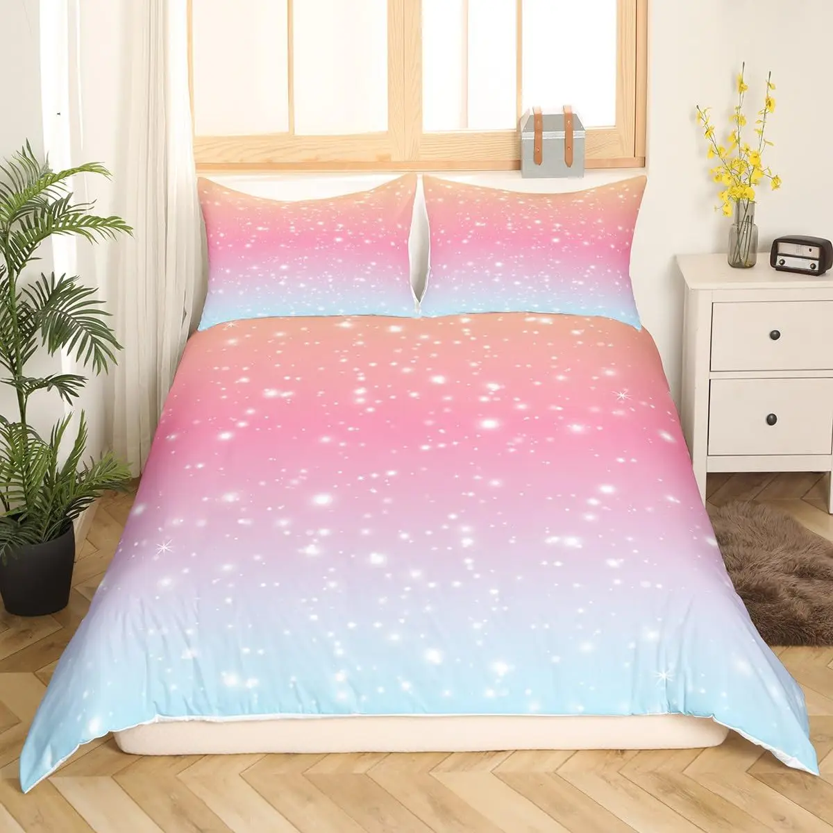 Pink Ombre Duvet Cover Queen Size Ocean Sea Blue White Gradient Solid Color Soft Bedding Set Modern Abstract Art Comforter Cover