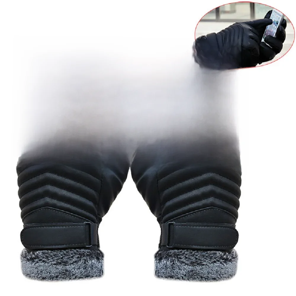 AliExpress Swokii 1pair Men Touches Screen Gloves Winter Warm Five Finger Wrist Gloves Cut Wool Thicken Pu Leather Gloves For Outdoor Cycling