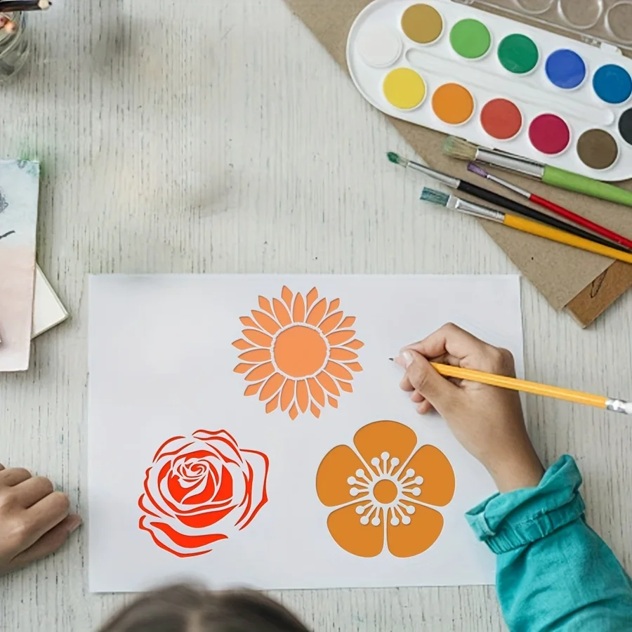 مجموعة استنسل زهور مكونة من 4 قطع - الكركديه وعباد الشمس والورد والنقان الشقري، مقاس 5.9 × 5.9 بوصة لديكور المنزل والحرف اليدوية والأثاث