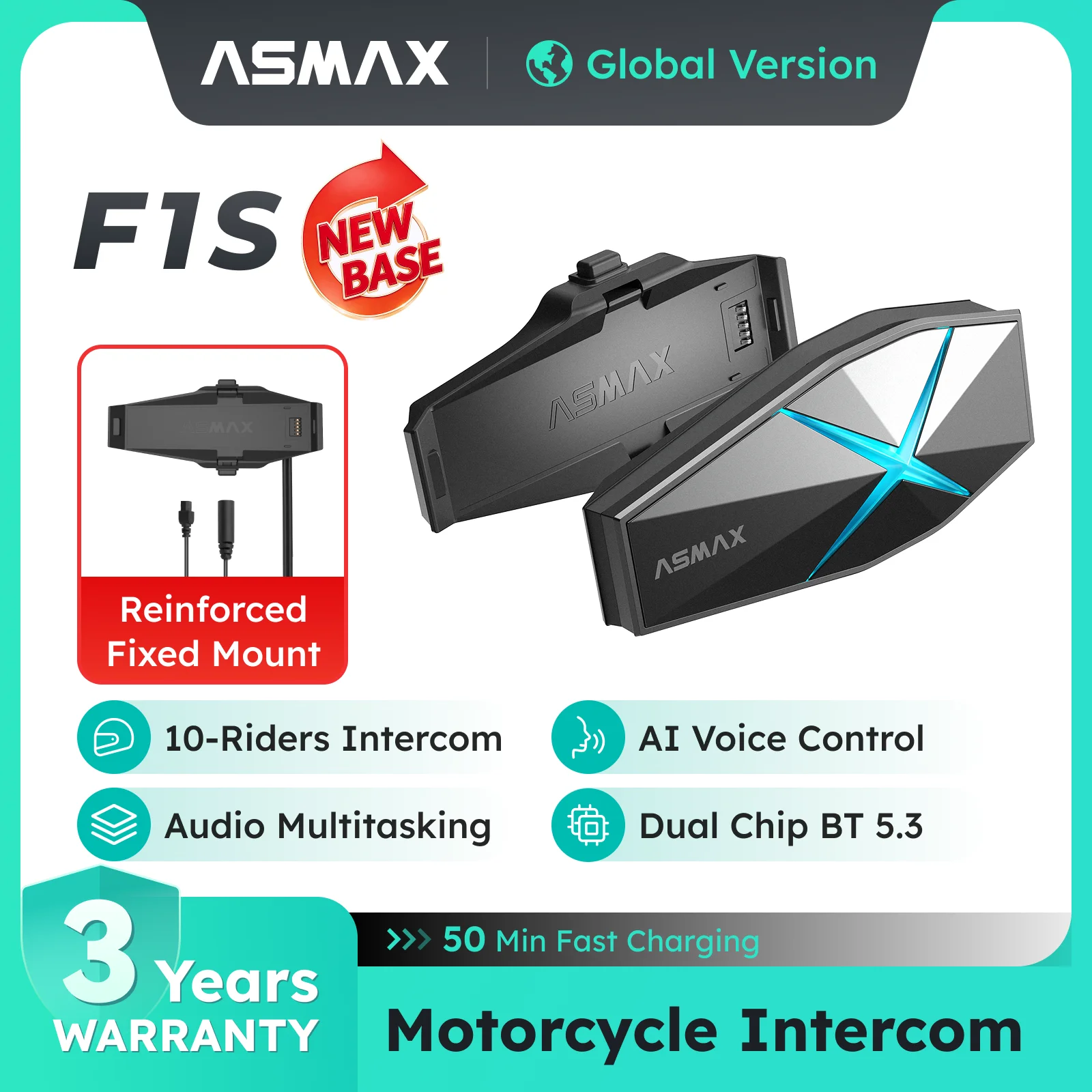 ASMAX F1S Motorrad-Intercom für 10 Fahrer, Kommunikations-Helm-Bluetooth-Headset BT5.3 ohne Magnetbasis, HIFI-Schneemobil-Lautsprecher