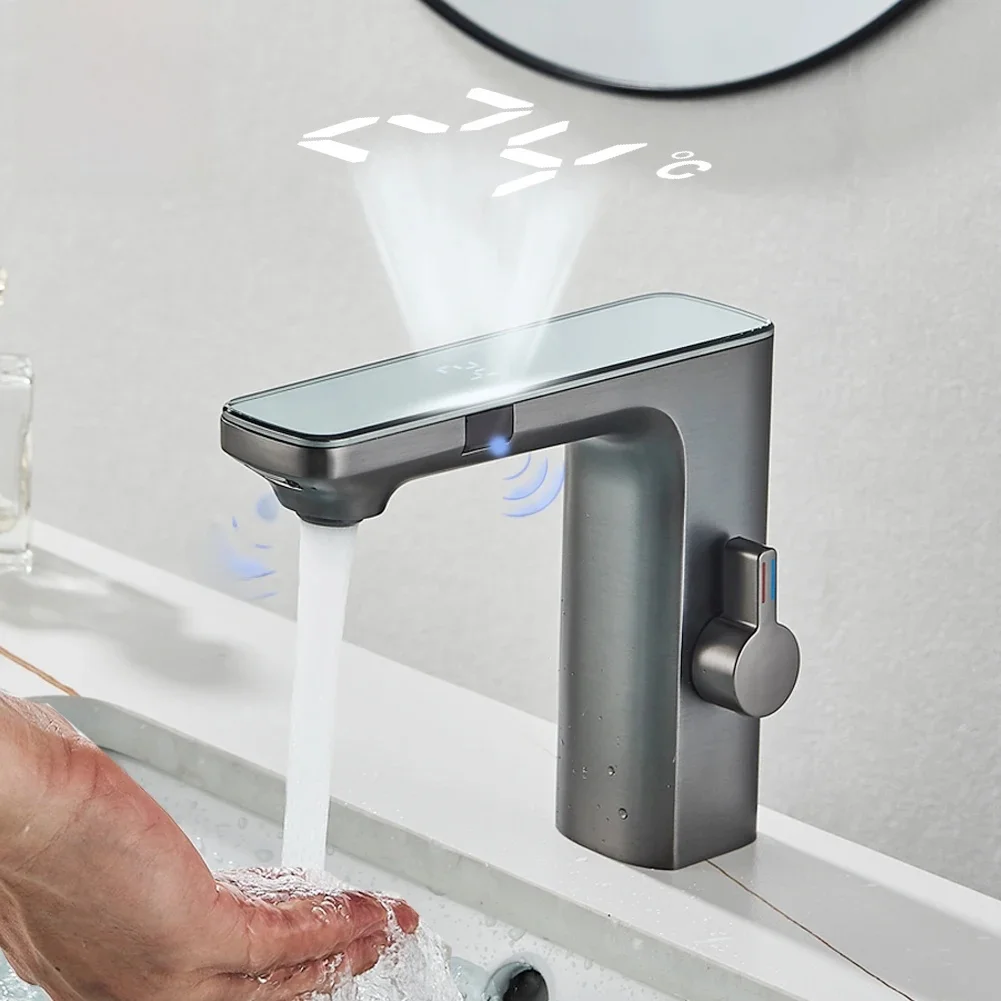 Rozin Touchless Sensor Wastafel Kraan Smart Digitale Display Badkamer Wastafel Kranen Grijs Messing Gevoel Warm Koud Water Mengkraan Kraan - afbeelding 2